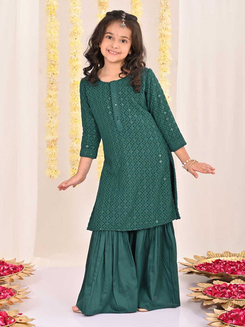 Girl's' Green Embellished Kurta Palazzo Set