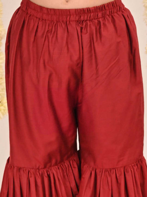 Girl's' Maroon Embellished Kurta Palazzo Set