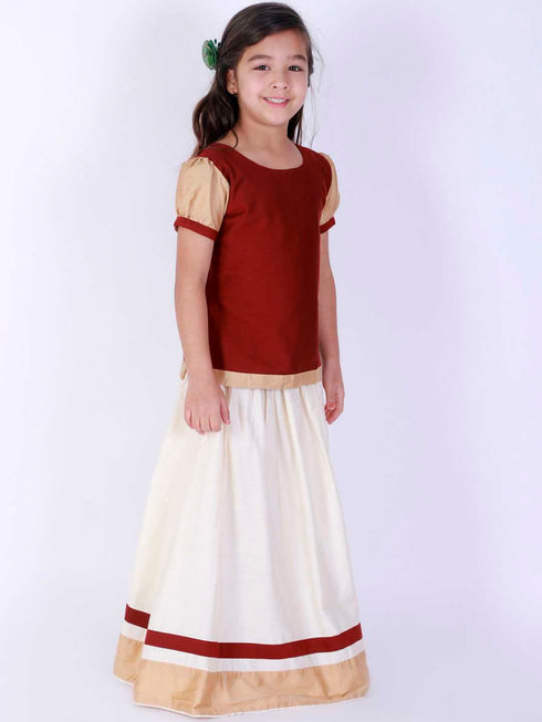 Girl's Maroon & White Pavda Pattu Lehenga Choli Set