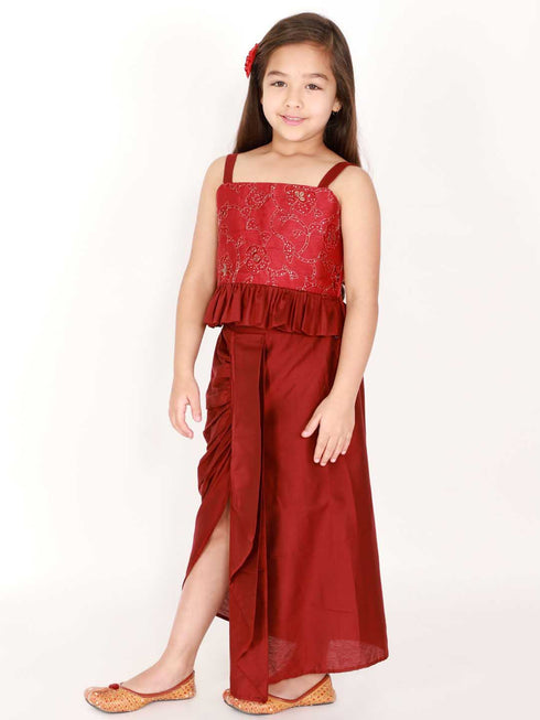 Girl's Maroon Draped Skirt With Crop Top