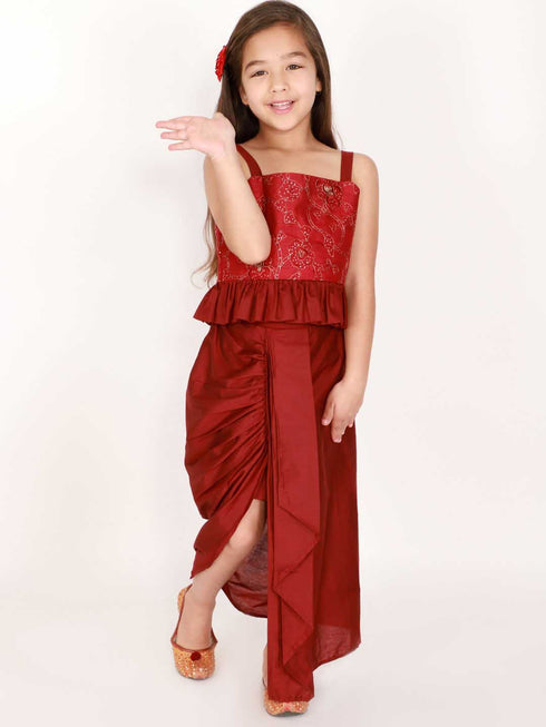 Girl's Maroon Draped Skirt With Crop Top