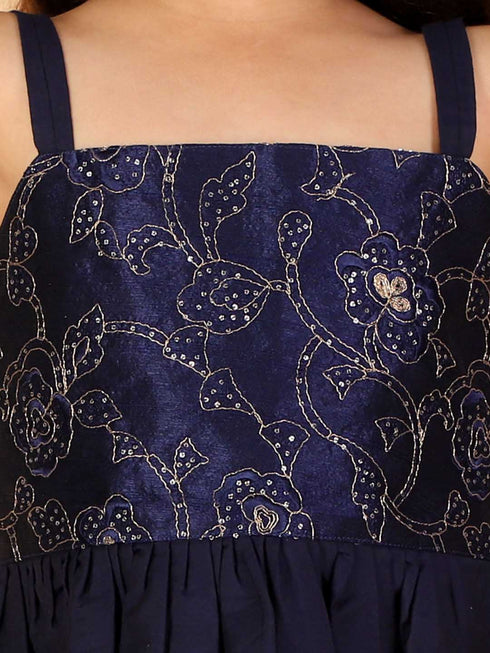 Girl's Navy Blue Draped Skirt With Crop Top