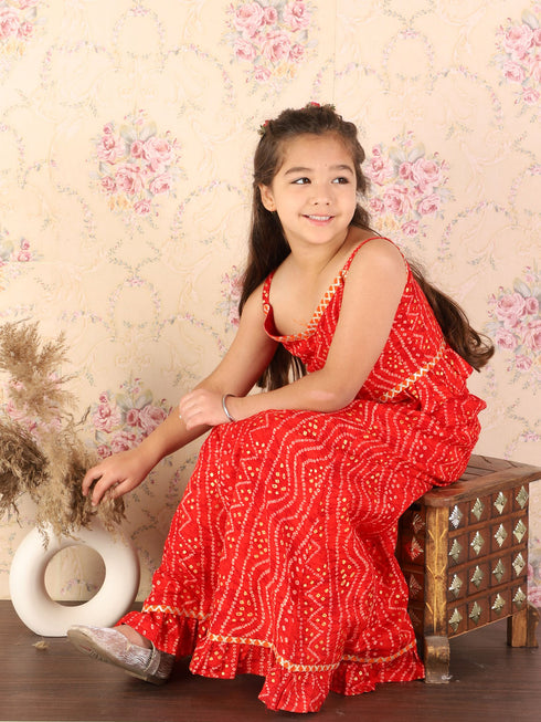 Girl's Maroon Bandhani Top And Long Skirt Set