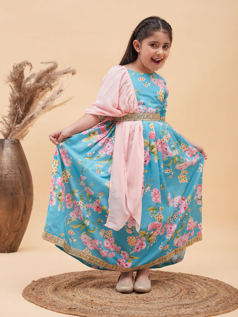 Girl's Aqua Blue Floral Print Lehenga Set
