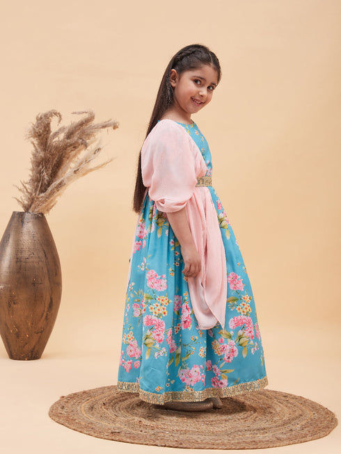 Girl's Aqua Blue Floral Print Lehenga Set