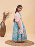 Girl's Aqua Blue Floral Print Lehenga Set