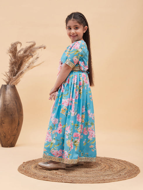 Girl's Aqua Blue Floral Print Lehenga Set