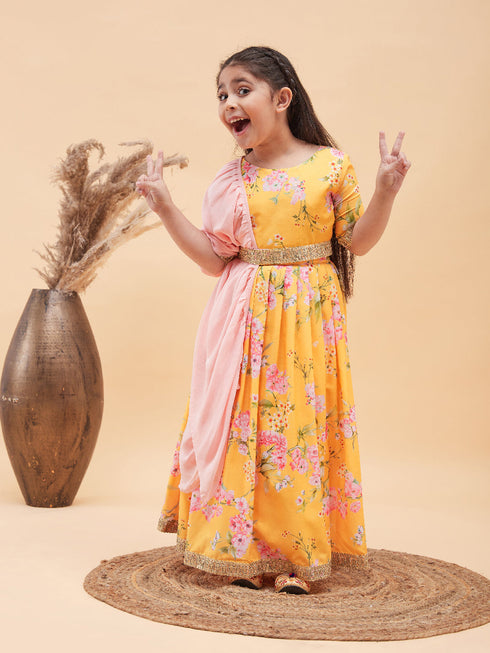 Girl's Yellow Floral Print Lehenga Set