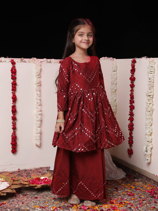 Girl's Maroon Mirror Work Flared Kurta Long Skirt Set
