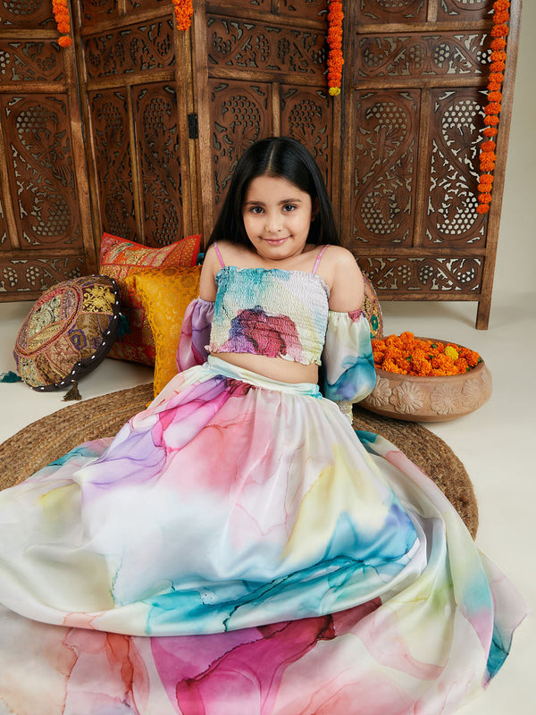 Girl's Multicolor Printed Satin Two Piece Set