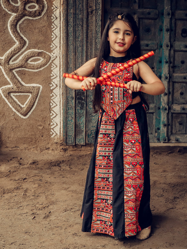 Girl's Black Navratri Special Lehenga Set