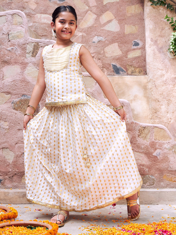 Girl's' Cream And Gold Jacquard Lehenga