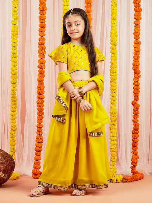 Girl's' Yellow Mirror Georgette Lehenga Set