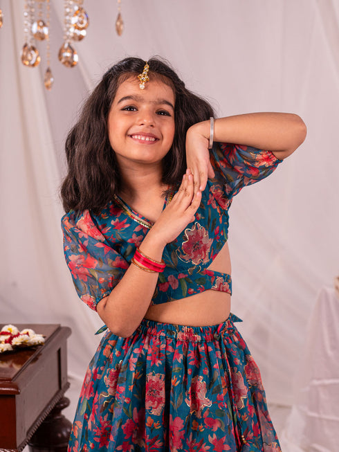 Girl's' Green Printed Organza Lehenga Set