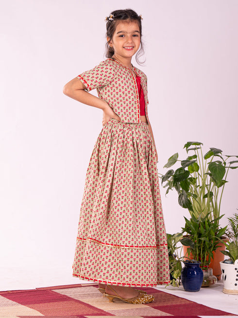 Girl's' Mint Green And Red Lehenga Set