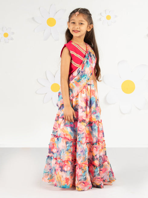 Girl's' Pink And Multicolour Lehenga Set