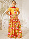 Girl's Mustard & Red Animal Print Lehenga Set