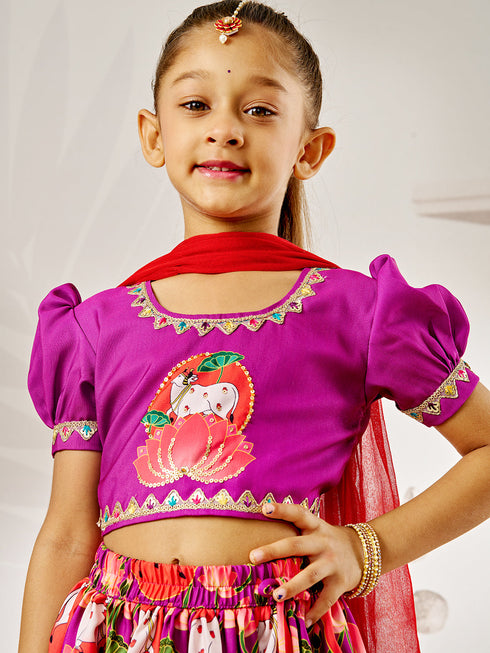 Girl's Purple & Red Animal Print Lehenga Set