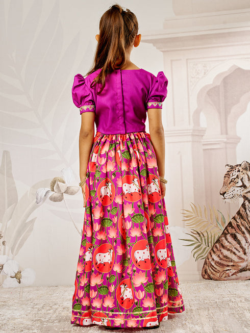 Girl's Purple & Red Animal Print Lehenga Set