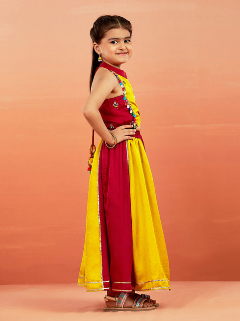 Girl's' Yellow And Red Lehenga Set