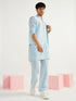 Men's Aqua Linen Jacket,Kurta And Pyjama Set.