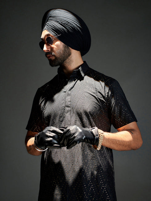 Men's Black Sequined Viscose Kurta Lungi Set
