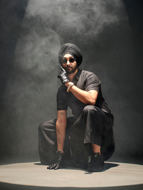 Men's Black Sequined Viscose Kurta Lungi Set