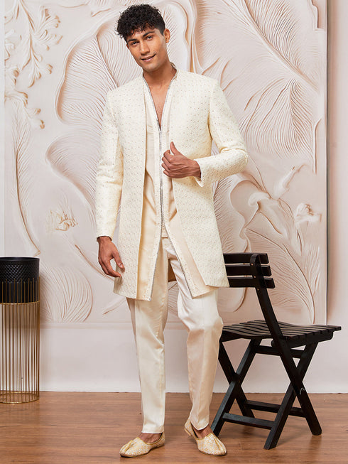 Men's Cream Silk Blend Indowestern, Kurta Pant Set