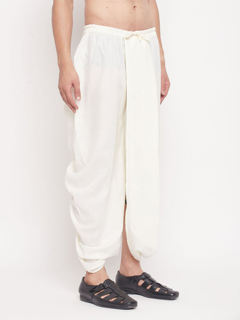 Men's Cream Silk Blend Solid Pleated Dhoti