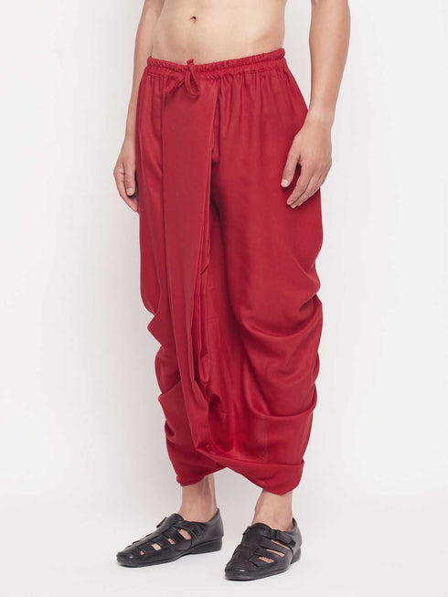 Men's Maroon Silk Blend Solid Pleated Dhoti