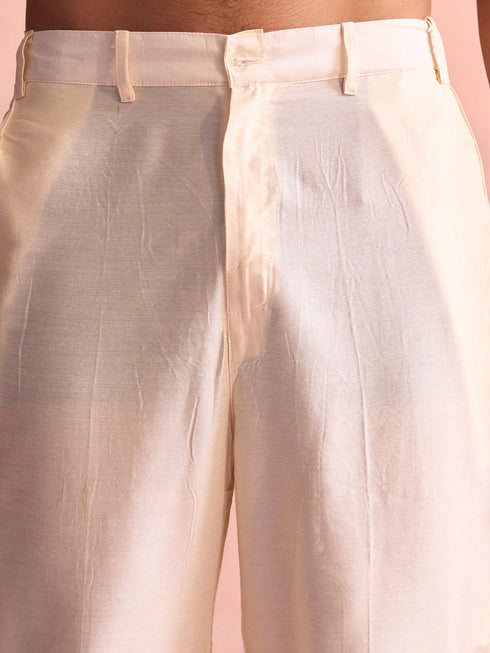 Men's Cream Schiffli Worked With Sequin Detailing Indo With Sleeveless Kurta Pant Set