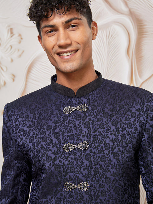Men's Navy Blue Silk Blend Indowestern And Pant Set