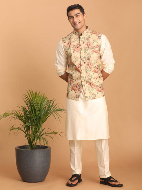 Beige Printed Nehru Jacket And Cream Solid Kurta With Pant Set
