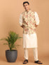 Beige Printed Nehru Jacket And Cream Solid Kurta With Pant Set