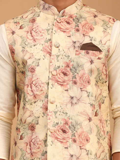 Beige Printed Nehru Jacket And Cream Solid Kurta With Pyjama Set