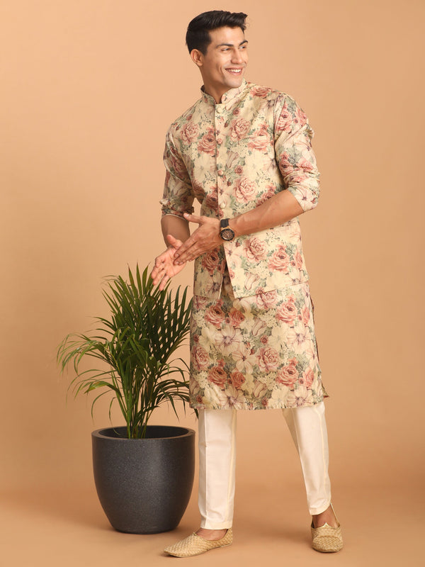 Beige Printed Nehru Jacket And Kurta With Cream Solid Viscose Pant Set