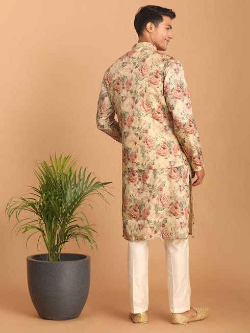 Beige Printed Nehru Jacket And Kurta With Cream Solid Viscose Pant Set