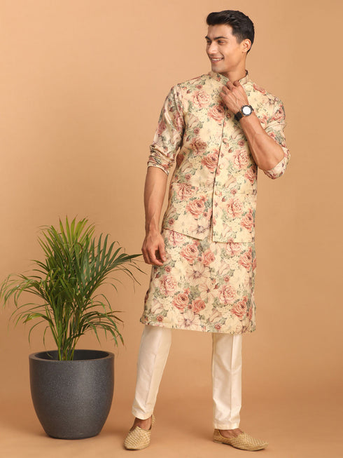 Beige Printed Nehru Jacket And Kurta With Cream Solid Viscose Pant Set