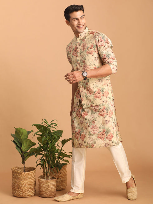 Beige Printed Nehru Jacket And Kurta With Cream Solid Viscose Pant Set