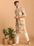 Beige Printed Nehru Jacket And Kurta With Cream Solid Viscose Pant Set