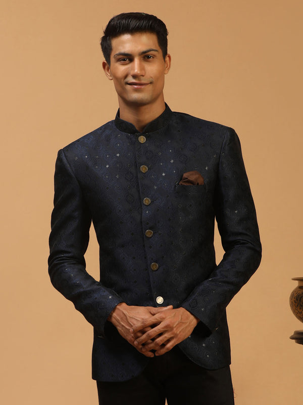 Men's Navy Blue Silk Blend Jaccard Jodhpuri