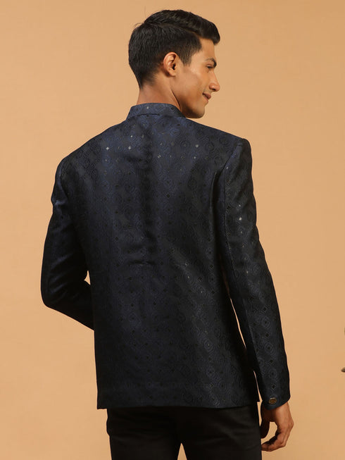 Men's Navy Blue Silk Blend Jaccard Jodhpuri