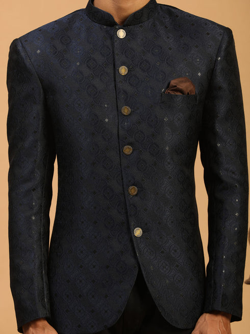 Men's Navy Blue Silk Blend Jaccard Jodhpuri