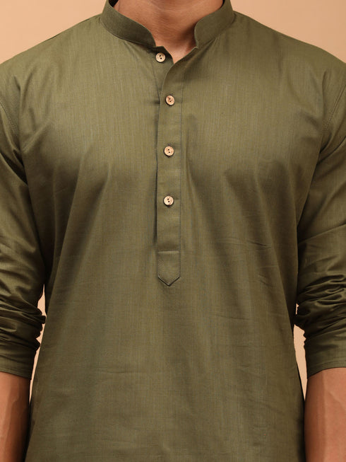 Men's Mehdi Green Solid Cotton Blend Kurta And White Dhoti Set