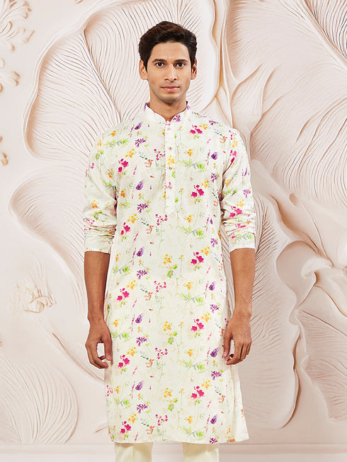Men's Cream Cotton Blend Kurta