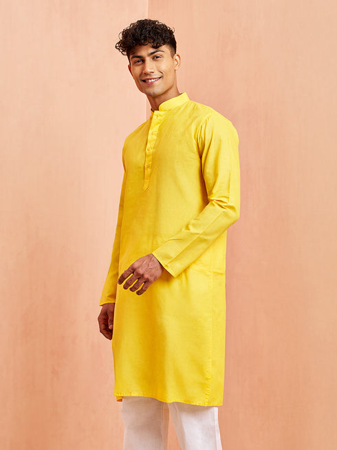 Men's Yellow Cotton Kurta Wedding Casual Wear