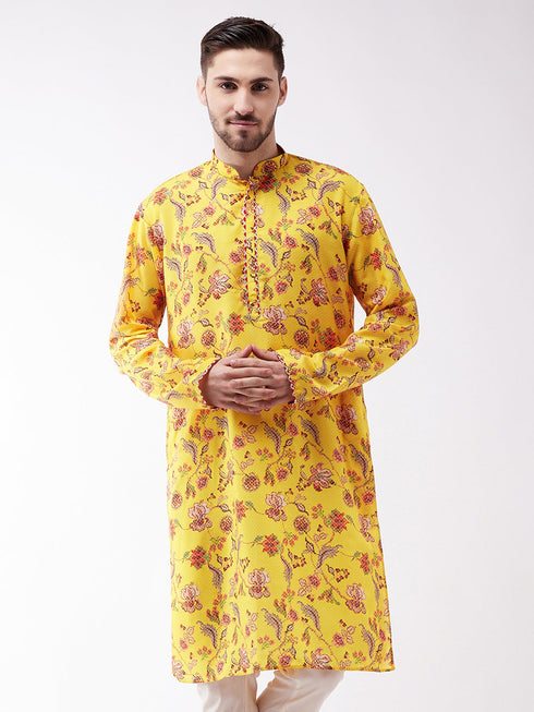 Men's Floral Printed Multicolor-Base-Yellow Muslin Blend Kurta