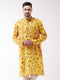 Men's Floral Printed Multicolor-Base-Yellow Muslin Blend Kurta