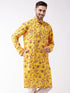 Men's Floral Printed Multicolor-Base-Yellow Muslin Blend Kurta