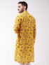 Men's Floral Printed Multicolor-Base-Yellow Muslin Blend Kurta